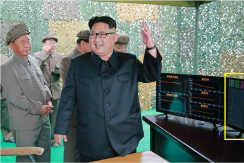 김정은 북한 노동당 위원장이 지난 22일 무수단 미사일 발사 실험 성공을 자축하고 있다. 사진 속 모니터(노란 박스 참조)에는 발사각을 추정할 수 있는 그래프가 표시돼 있다. (사진=노동신문)