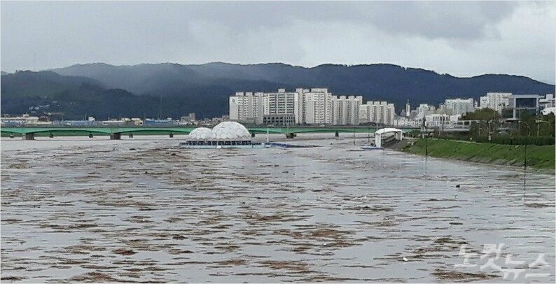 태풍으로 많은 비가 내리면서 포항 형산강 수위가 크게 올라가 있다. (사진=독자 제공)
