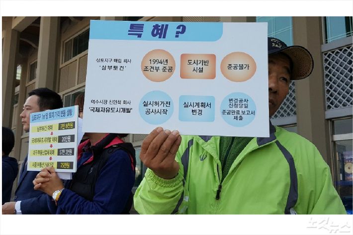 상포 특혜 의혹을 정리한 피켓을 기자회견에서 들고 있다(사진=고영호 기자)