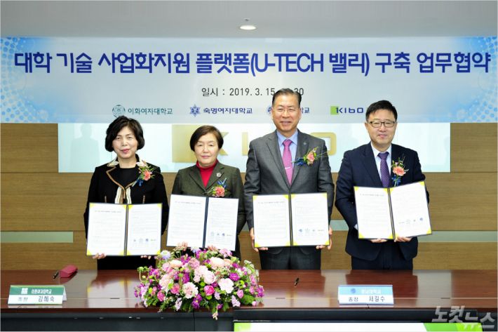 왼쪽부터 강정애 숙명여대 총장, 김혜숙 이화여대 총장, 서길수 영남대 총장, 정윤모 기술보증기금 이사장 (사진 = 기보 제공)