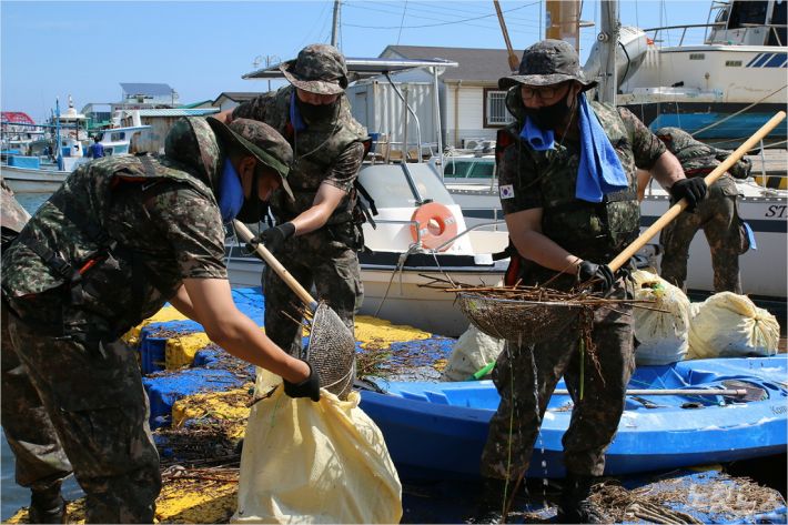 3일 군 장병들이 속초 청초호에서 생활쓰레기와 부유물 등을 수거하는 모습. (사진=8군단 제공)