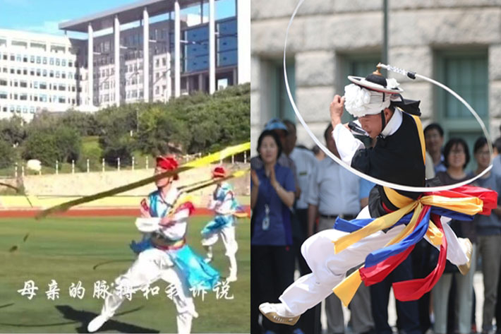 해당 영상에서 연변대학 학생들이 상모를 돌리는 모습(왼쪽)과 우리나라 풍물놀이 모습. 해당 유튜브 캡처·연합뉴스