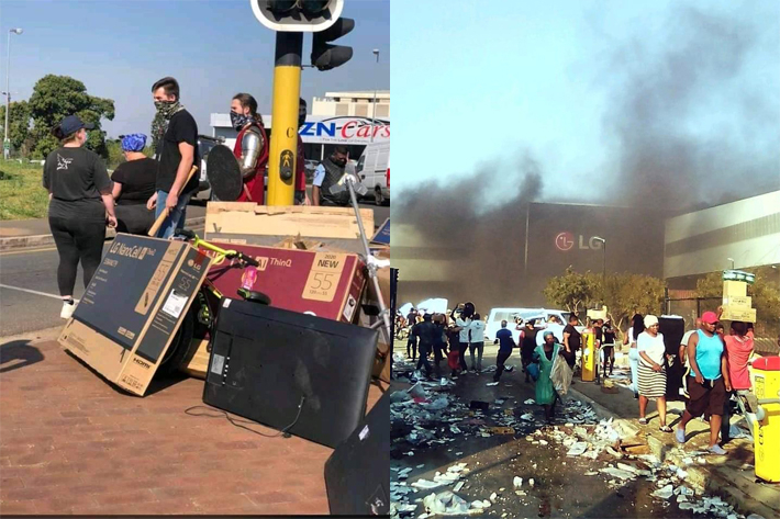현지 LG전자 공장에서 전자제품을 훔친 폭도들(왼쪽)과 불에 타고 있는 LG전자 공장. 해당 트위터 캡처·연합뉴스