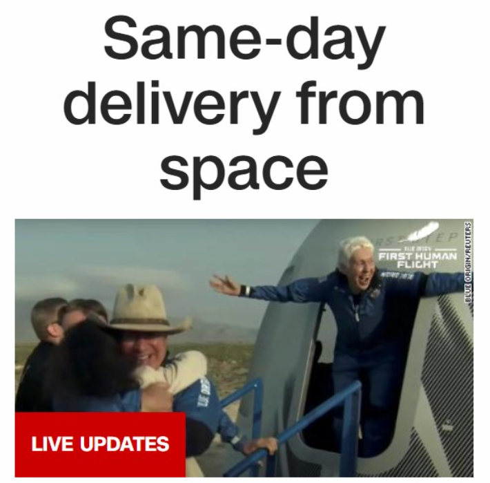 우주 당일 배송 문구를 단 CNN 홈페이지. CNN캡처