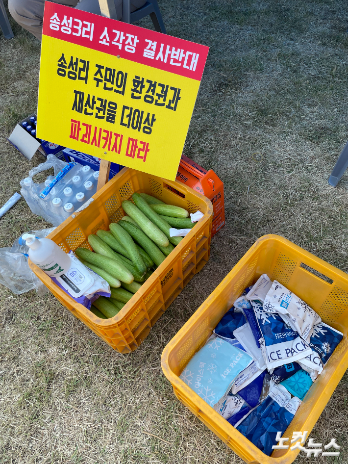 주최 측에서 준비한 아이스팩과 얼음물, 오이. 김미성 기자