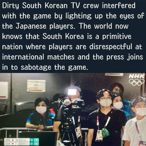일본의 한 누리꾼은 "한국 방송 중계진이 일본 선수의 눈에 조명을 비추며 더러운 행동으로 방해했다"며 근거 없는 주장을 펼쳤다. 해당 SNS 캡처