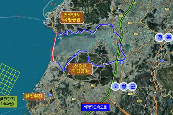 국도77호선 노을대교 건설 예정지(빨강색 선). 전라북도