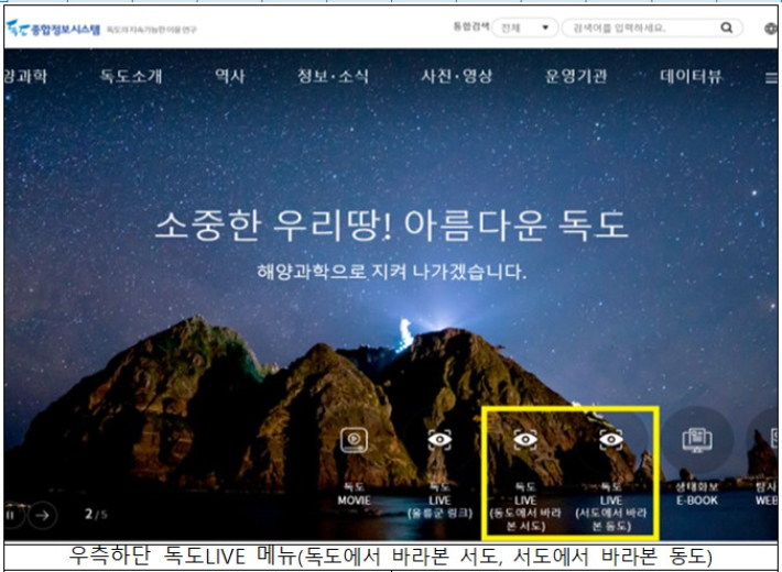 독도종합정보시스템을 통해 독도의 실시간 모습을 담은 영상이 제공된다. 해수부 제공