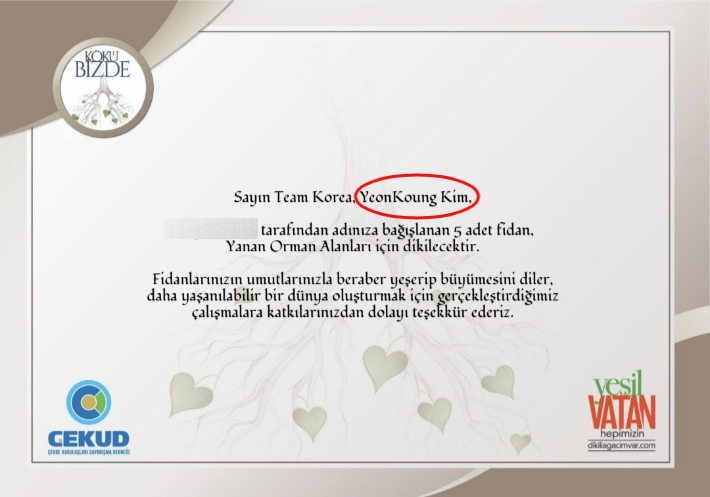 대한민국 여자배구 국가대표 주장 김연경과 터키의 인연을 기억하는 국내 누리꾼들은 김연경의 이름으로 터키에 묘목을 기부하기도 했다. 해당 SNS 캡처