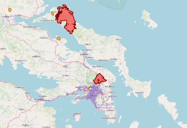 지난달 말부터 그리스에서는 에비아섬뿐만 아니라 아테네 등 동시다발적으로 화재가 발생했다. EFFIS 캡처