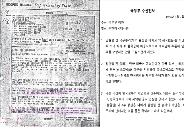 1964년 3월 7일 주한미국대사관이 국무부 장관에게 보낸 비밀 전문. 출처: LBJ 도서관