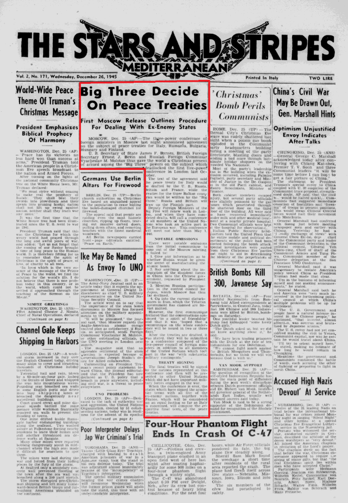 미국 성조지 지중해판 1945년 12월 26일자 1면.