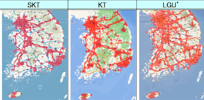  이통 3사 5G 서비스 커버리지 맵 현황('21.5월). 이통 3사 모두 울릉도·독도 일부지역 5G 서비스 가능. 과기부 제공