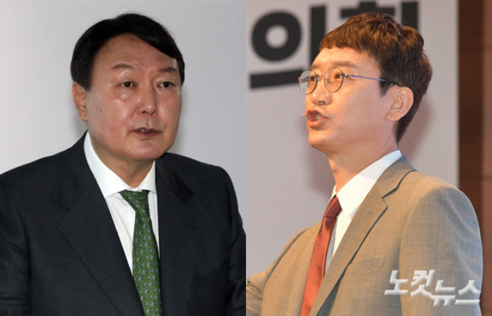 왼쪽부터 윤석열 전 검찰총장과 국민의힘 김웅 의원. 윤창원 기자