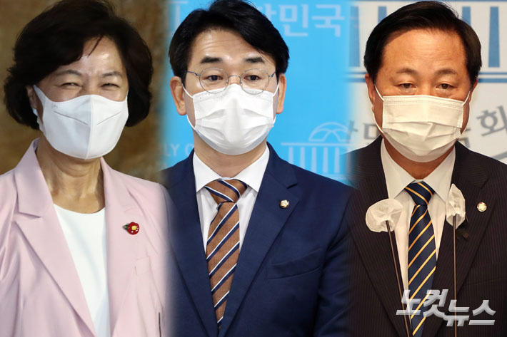 왼쪽부터 추미애 전 법무부장관, 박용진 의원, 김두관 의원. 윤창원 기자
