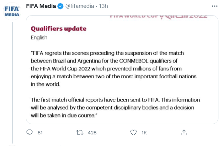 경기 취소에 대해 유감 반응을 보인 FIFA. FIFA 미디어 트위터 캡처