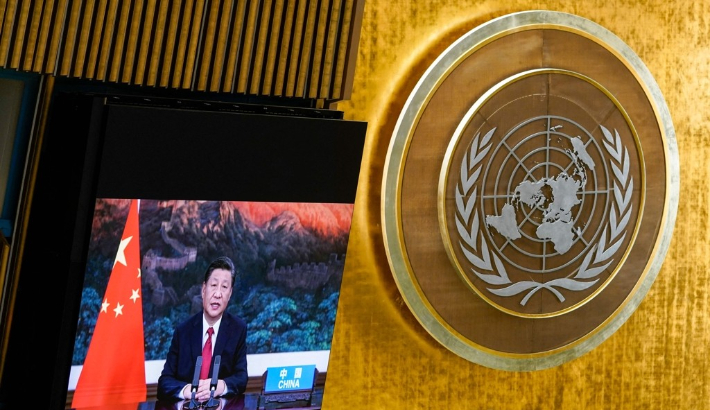시진핑 중국 국가 주석이 21일(현지시간) 미국 뉴욕 유엔본부에서 열린 제76차 유엔총회에서 화상으로 연설을 하고 있다. 연합뉴스