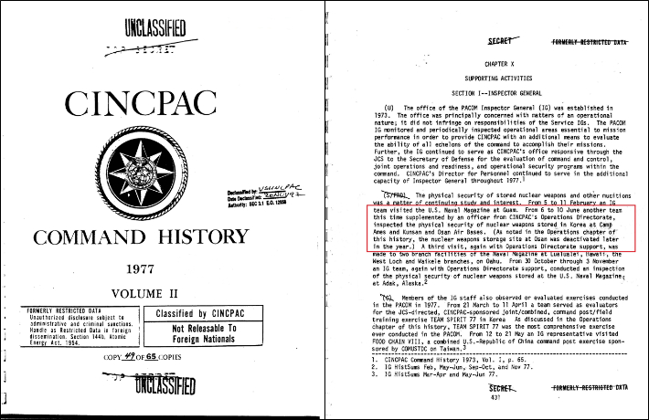 문서2. 노틸러스연구소(nautilus.org)가 정보공개청구로 확보해 공개한 1977년 태평양사령부의 연감 표지(좌). 2권 10장 부대지원활동에 남한에 배치된 핵무기 검사 사실을 기록돼 있다.(우) "6월 6일부터 10일까지 태평양사령부 작전처 장교로 보충된 감사 팀은 한국의 캠프 에임스와 군산, 오산 공군기지에 보관된 핵무기의 물리적 안전성을 점검했다.(이번 연감의 작전 챕터에서 언급한 바와 같이, 오산의 핵무기 저장소는 올해 말에 폐쇄됐다."(붉은상자) 