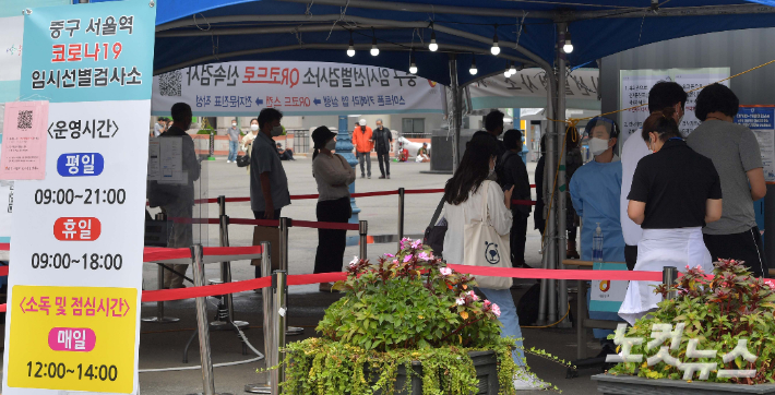 코로나19 신규 확진자 수가 처음으로 3천 명을 넘어선 지난 25일 서울역 임시선별검사소를 찾은 시민들이 검사를 받기 위해 줄을 서 있다. 박종민 기자