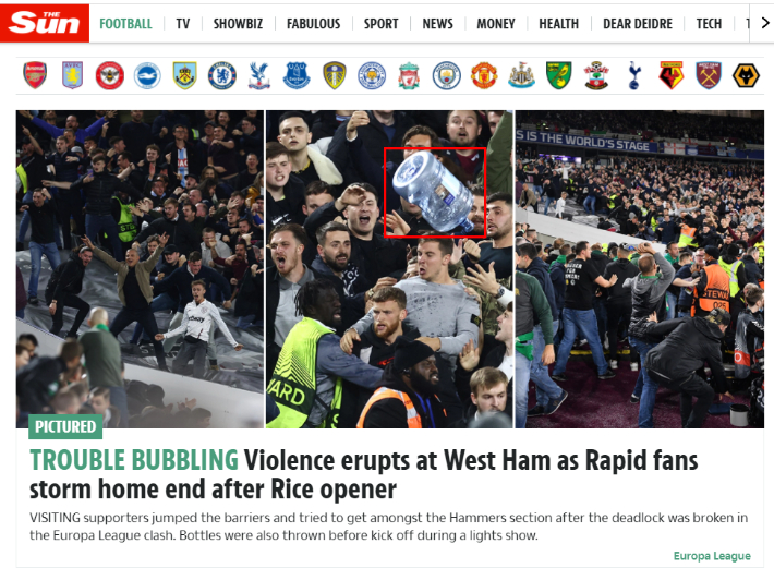 웨스트햄 팬과 라시드 빈 팬들의 충돌 소식을 보도한 영국 더선. 더선 홈페이지 캡처