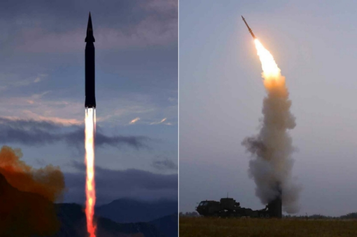 왼쪽부터 북한이 새로 개발했다는 극초음속미사일과 반항공미사일의 시험발사 장면. 뉴스1 제공