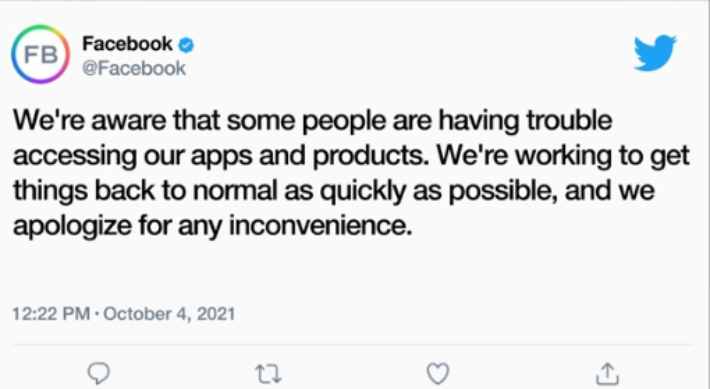 접속 불능 사실을 트위터을 통해 전하고 있는 페이스북. 