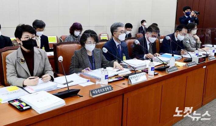 19일 서울 여의도 국회에서 열린 보건복지위원회의 한국사회보장정보원 등에 대한 국정감사에서 윤혜미(왼쪽부터) 아동권리보장원장, 조용남 한국보육진흥원장 직무대행, 김미곤 한국노인인력개발원장, 노대명 한국사회보장정보원장, 허선 한국보건복지인력개발원장, 최경숙 한국장애인개발원장이 착석해 있다.