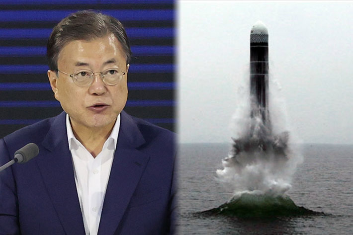 문재인 대통령, 오른쪽은 북한 잠수함발사탄도미사일(SLBM) 발사 모습. 연합뉴스