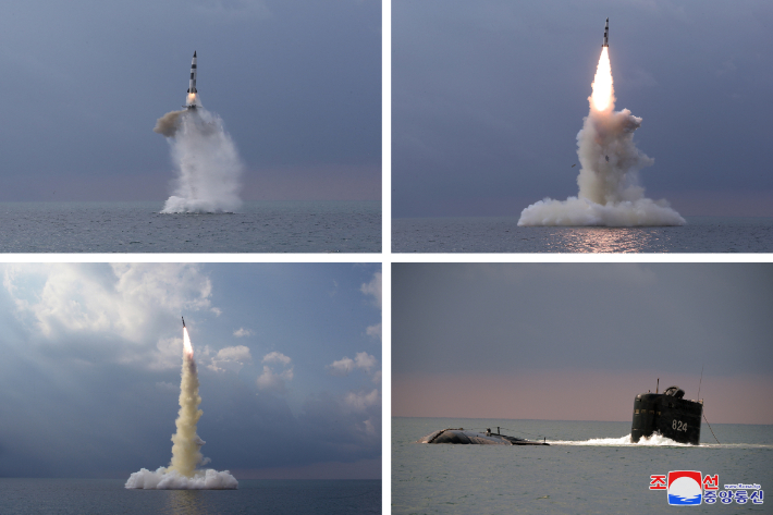 북한이 20일 관영매체를 통해 공개한 SLBM 발사 모습. 오른쪽 아래는 발사 플랫폼인 고래급 잠수함으로 북한은 이를 '8.24 영웅함'이라 이름붙였다. 연합뉴스