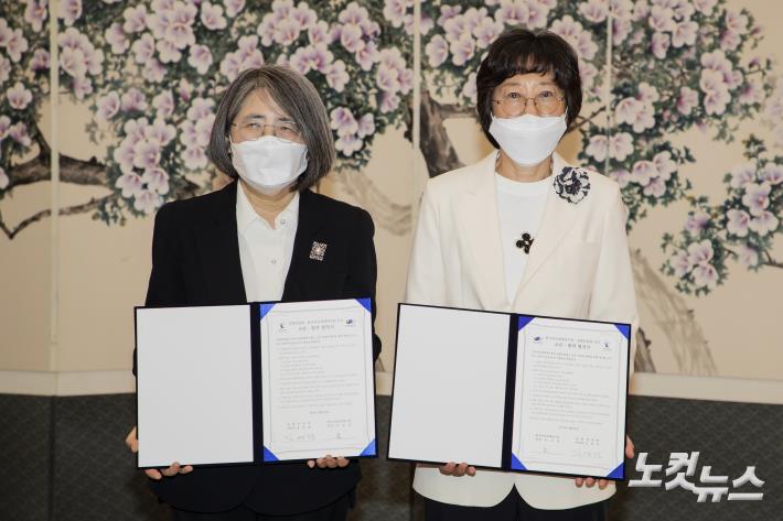 교류·협력 협정서 든 김영란 위원장-문유경 연구원장