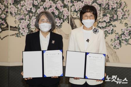 교류·협력 협정서 든 김영란 위원장-문유경 연구원장