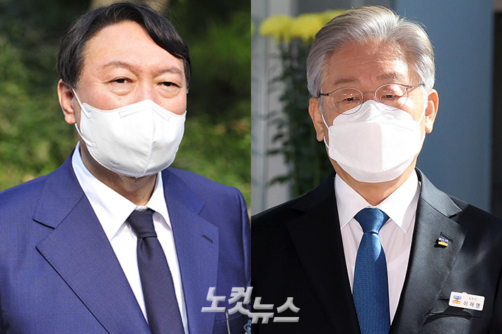 (왼쪽부터) 국민의힘 윤석열 전 검찰총장과 민주당 이재명 대선후보. 박종민 기자