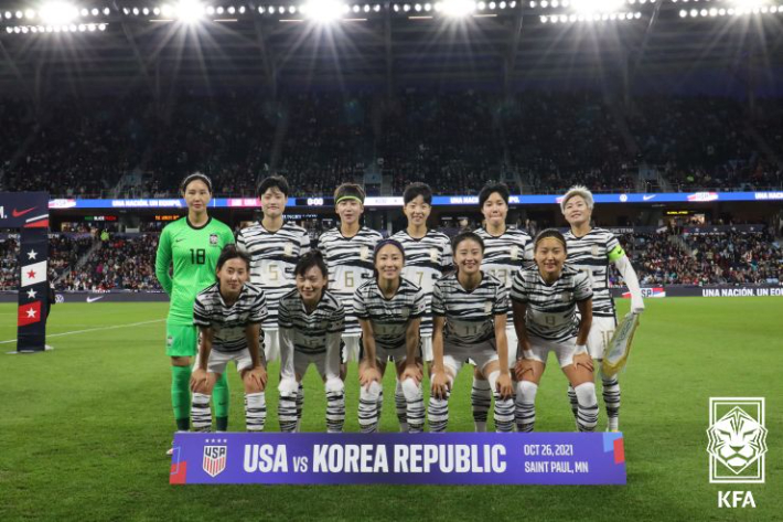 미국과 2연전을 마친 한국 여자 축구대표팀 선수들. 대한축구협회 제공