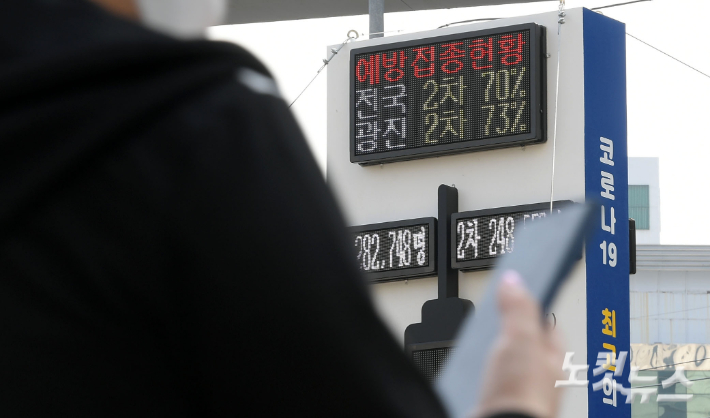 지난 26일 서울 광진구 자양사거리에 설치된 백신 온도탑에 접종 완료율이 표시된 모습. 황진환 기자