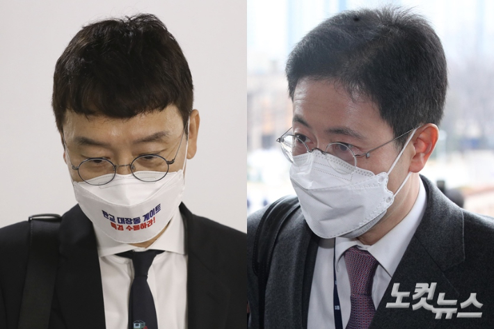 왼쪽부터 김웅 국민의힘 의원과 손준성 전 대검 수사정보정책관. 윤창원·이한형 기자