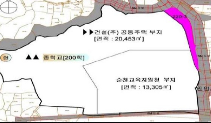 2017년 중흥-순천교육청 옛 삼산중 토지 분할안. 오른쪽 분홍색 부분이 이들이 순천시에 요구하는 도로용도폐지 및 도로점용허가 구역. 감사원 제공 