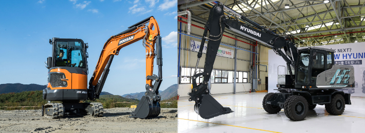 현대건설기계(왼쪽)·두산인프라코어(오른쪽) 건설장비./현대제뉴인 제공