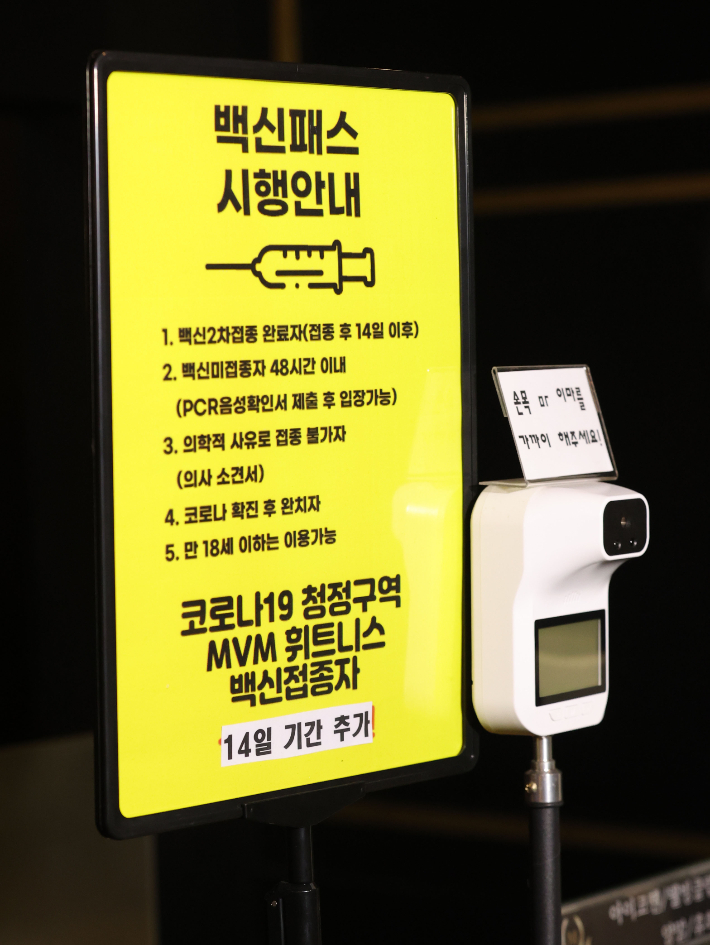지난 10일 서울 강남구 삼성동의 한 헬스장 입구에 백신패스 시행 안내문이 붙어있다. 연합뉴스