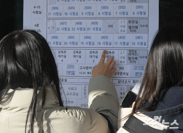 2022학년도 대학수학능력시험 예비소집일인 17일 오전 서울 중구 이화여자고등학교에서 수험생들이 고사장을 확인하고 있다. 이한형 기자