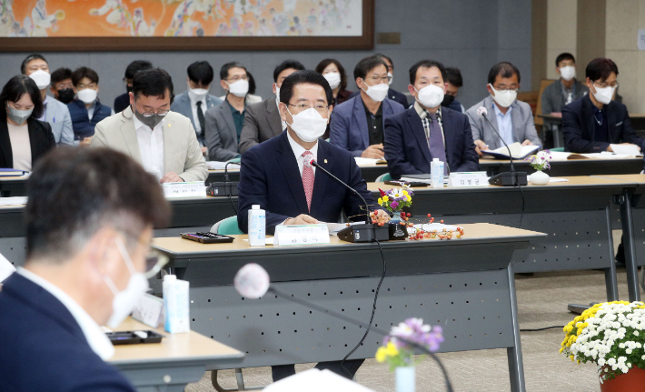 김영록 전남지사가 순천만국제정원박람회 조직위원회 5차 이사회에서 인사말을 하고 있다. 전라남도 제공