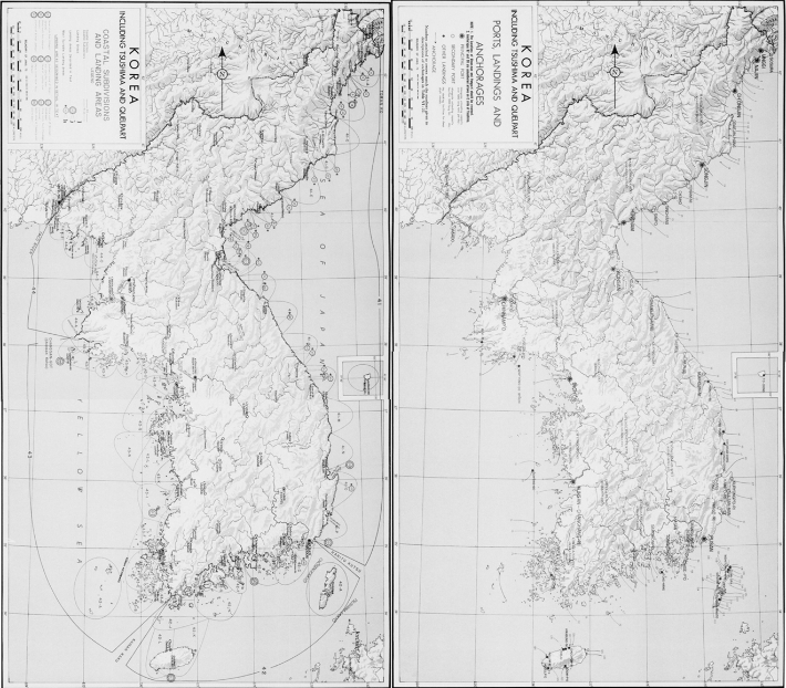 사진 3. JANIS 75권 1책에 나와 있는 지도들. 왼쪽은 해안 구획이고 오른쪽은 상륙지점이다. 두 지도 모두 대마도가 역시 명확히 표시돼 있다. 