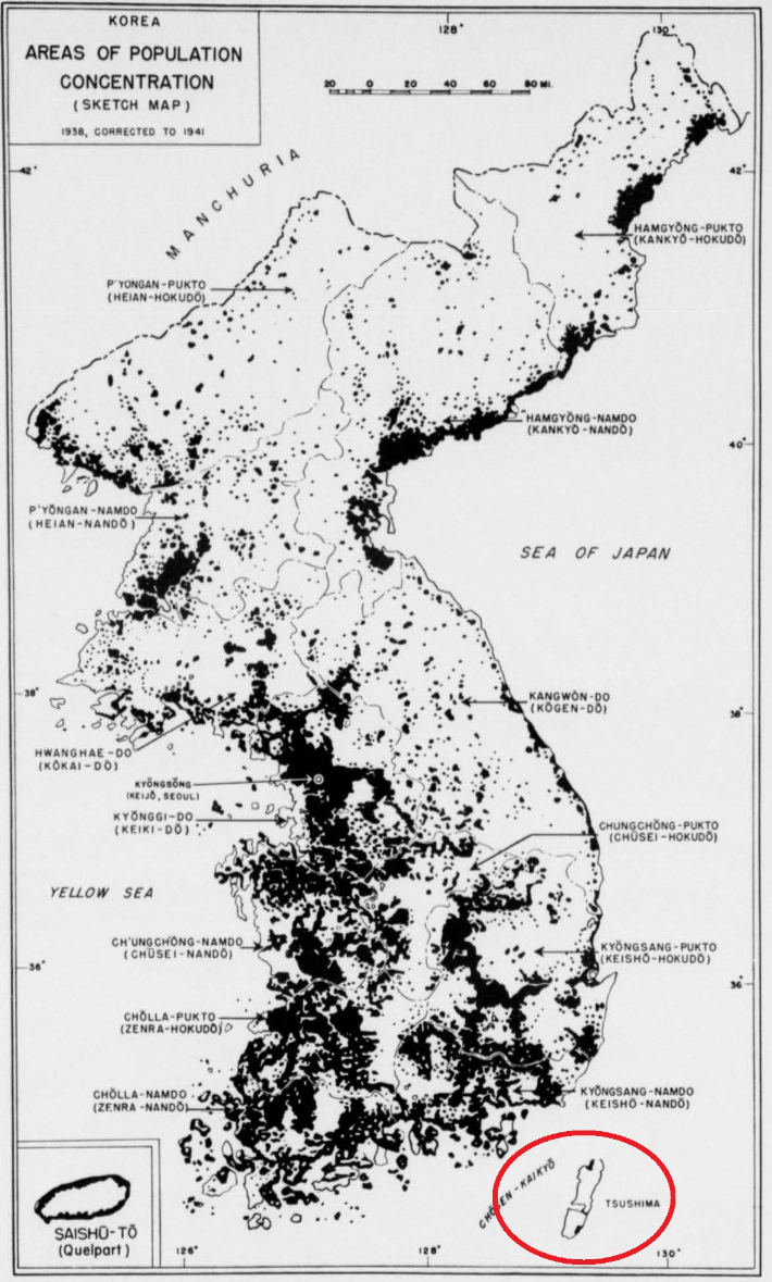사진 1. 미국 JANIS 75권의 한국편 제1책 인구편에 등장하는 한국지도. 왼쪽 위편으로 '한국 인구밀집 지역'이라는 제목이 보이고, 왼쪽 아래에 제주도가 이어 오른편 아래쪽에 대마도(Tsushima)가 선명하게 인쇄돼 있다. 제주도 해안가로 인구가 밀집해 있는 것처럼 대마도 위 아래쪽으로 인구 밀집지역이 표시돼 있다. 출처 : 미국 국립문서보관청, NARA