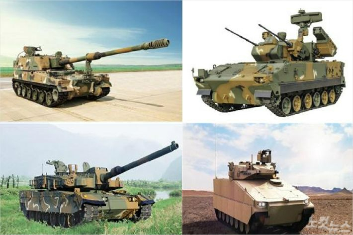 창원지역 방산 체계 기업들이 생산하는 주요 무기체계. K-9 자주포(한화디펜스), K-30 대공비호복합(한화디펜스), 레드백 장갑차(한화디펜스), K-2 흑표 전차(현대로템). 창원시 제공