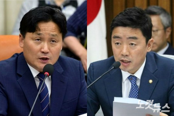왼쪽부터 더불어민주당 김영진 의원과 강훈식 의원. 윤창원 기자