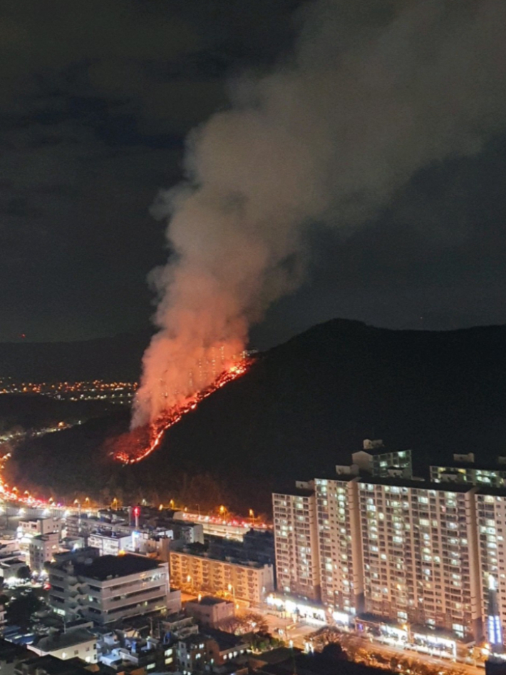 지난달 29일 부산 북구 금정산 화재 현장. 부산경찰청 제공