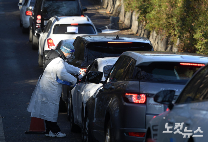 부산은 코로나19 신규 확진자가 141명 발생해 연일 확진자 수가 100명대 고공행진을 이어가고 있다. 붐비는 드라이브스루 임시선별검사소. 이한형 기자