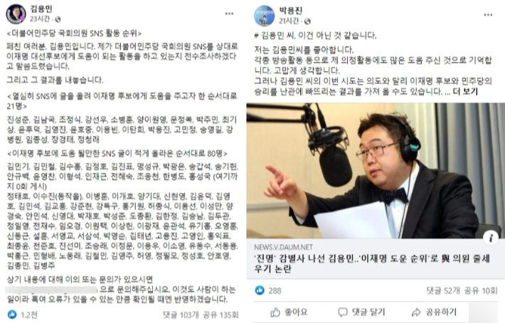 김용민씨가 SNS에 "이재명 대선후보에게 도움이 되는 활동을 하고 있는지 전수조사"했다며 글을 올렸다. 오른쪽은 이를 비판한 더불어민주당 박용진 의원. 김용민·박용진 페이스북 캡처