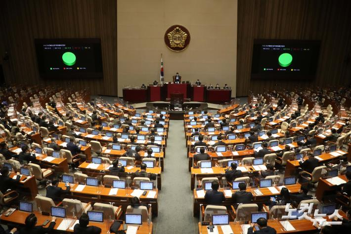 정기국회 마지막 날인 9일 국회에서 열린 본회의 에서 '대장동 방지 3법' 중 하나인 도시개발법 일부개정법률안(대안)이 가결되고 있다. 윤창원 기자