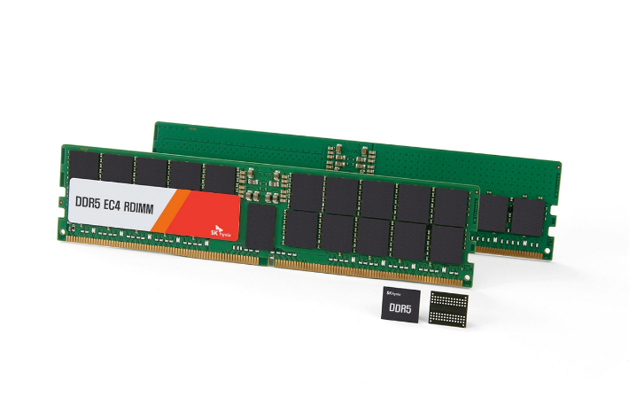 SK하이닉스가 업계 최초로 샘플 출하한 24Gb DDR5 D램과 96GB, 48GB D램 모듈. SK하이닉스 제공