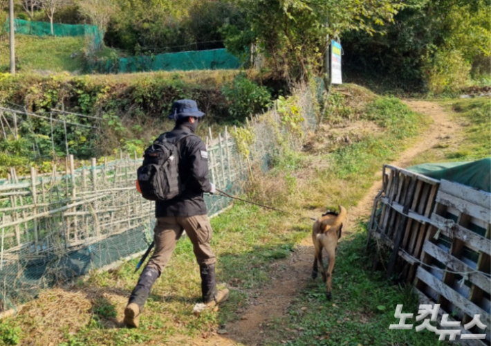 지난 10월 27일 오전 전순천시 금곡동 일대에서 전자발찌를 훼손한 60대 성범죄자 A씨(62)가 달아나 경찰이 맹견과 함께 인근 야산을 수색 중이다. 박사라 기자 